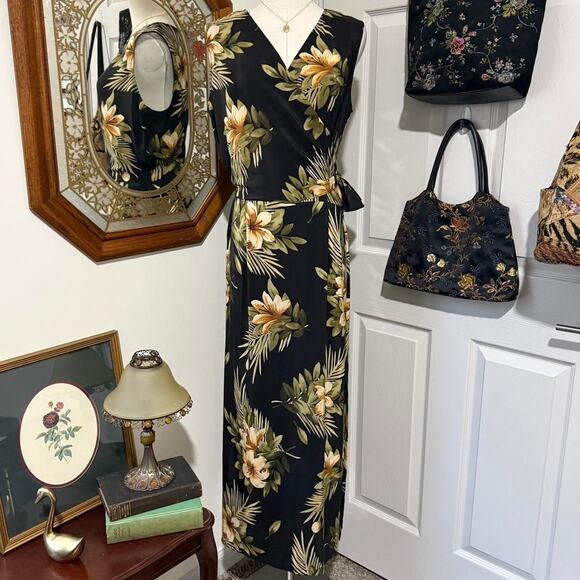 VTG 90s Maggy L Black, Yellow & Green 100% Silk Tropical Floral Wrap Midi Dress - Picture 3 of 8